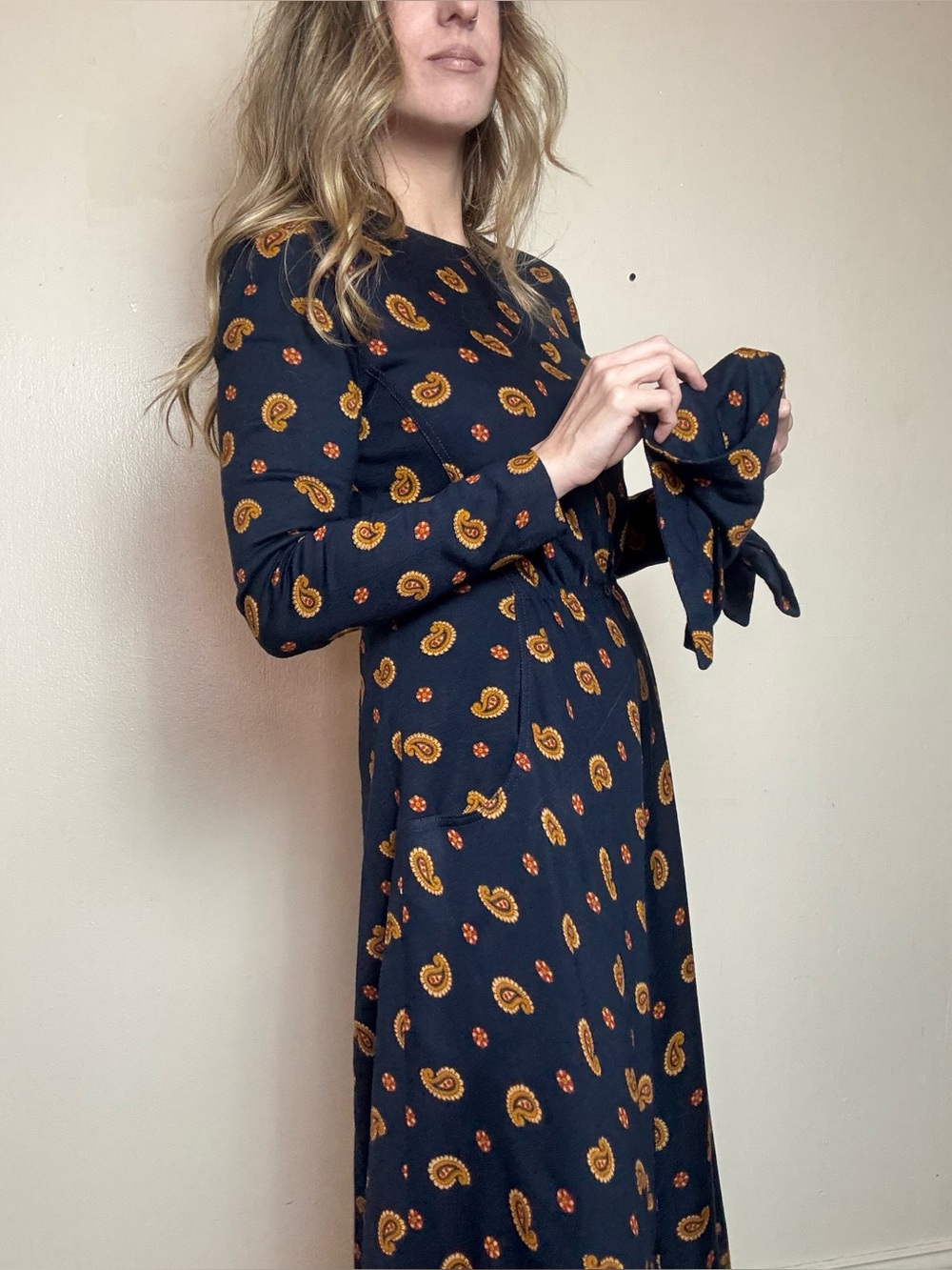 Vtg 60s Shannon Rodgers Jerry Silverman Paisley Midi Dress Navy Gold Pockets
